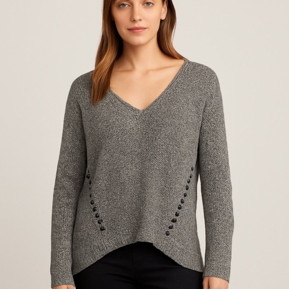 Jean Machine Women’s Gray Marled Knit V-Neck Sweater with Cutout Detail Size L